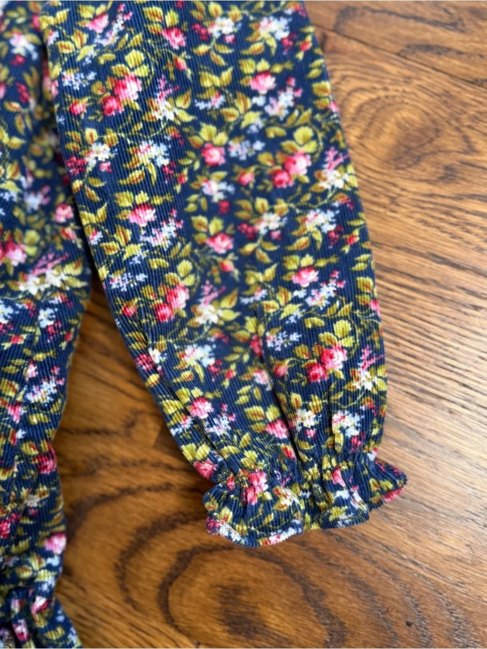Ralph Lauren Girls Navy Calico Floral Ruffled Hem Corduroy Long Sleeve Dress 12M